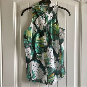 2/$22 New York & Company Green Floral Short Sleeve Button Up Top; SZ S; BNWT
